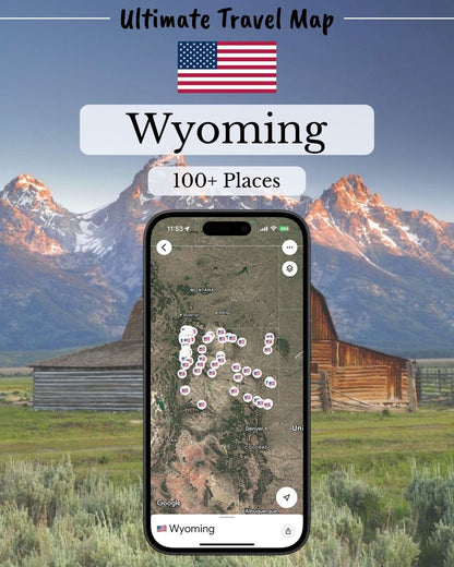 Wyoming Travel Map showing over 100 places within Wyoming's stunning landscapes.