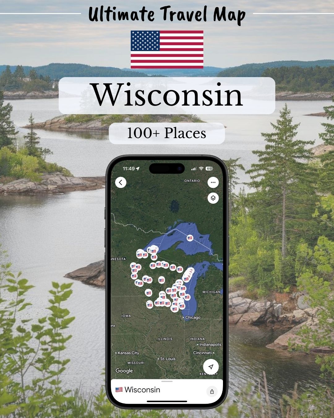 Wisconsin Travel Map showing over 100 places within Wisconsin's stunning landscapes.