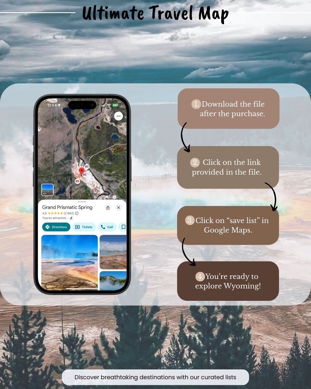 Wyoming Travel Map showing over 100 places within Wyoming's stunning landscapes.