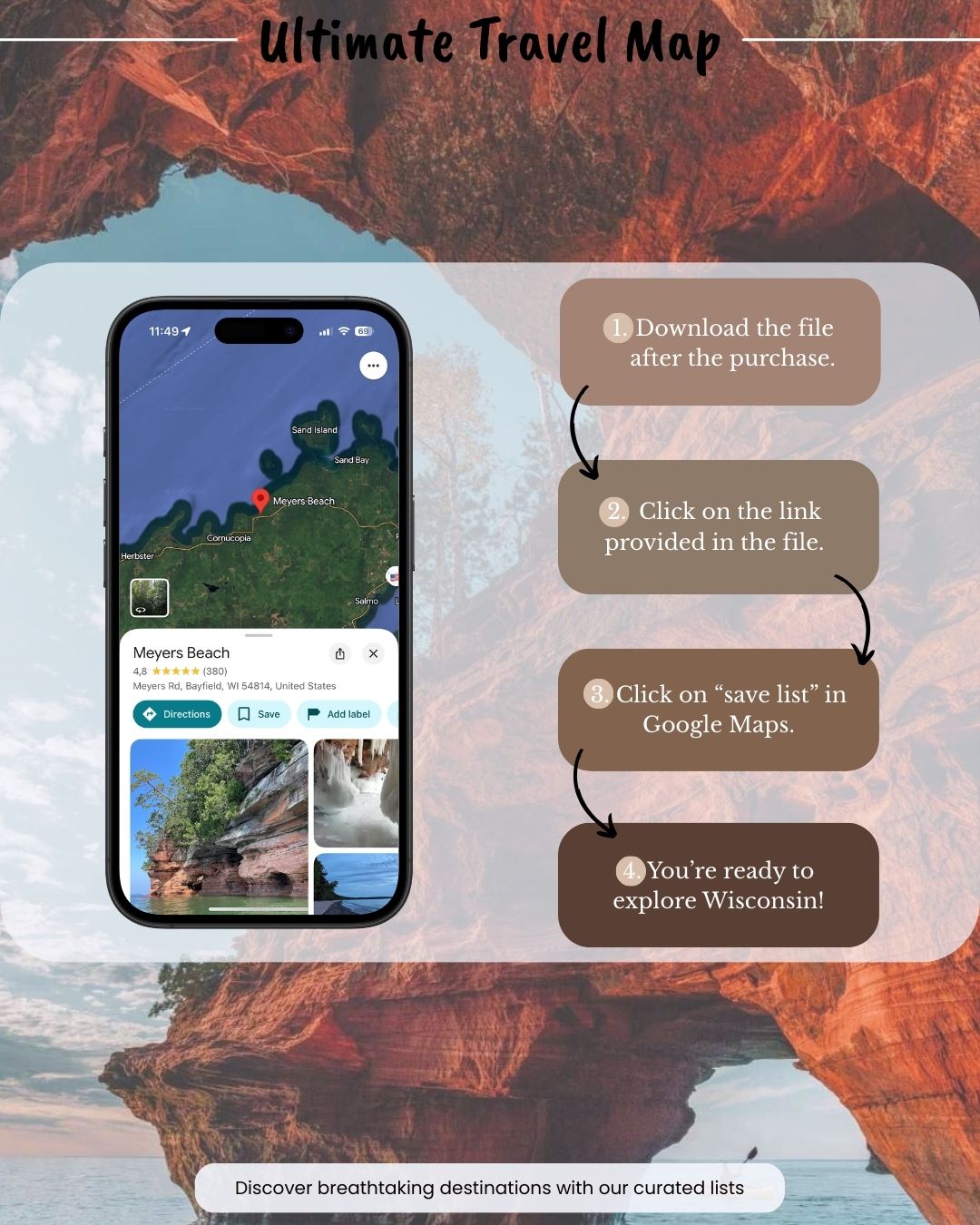 Wisconsin Travel Map showing over 100 places within Wisconsin's stunning landscapes.